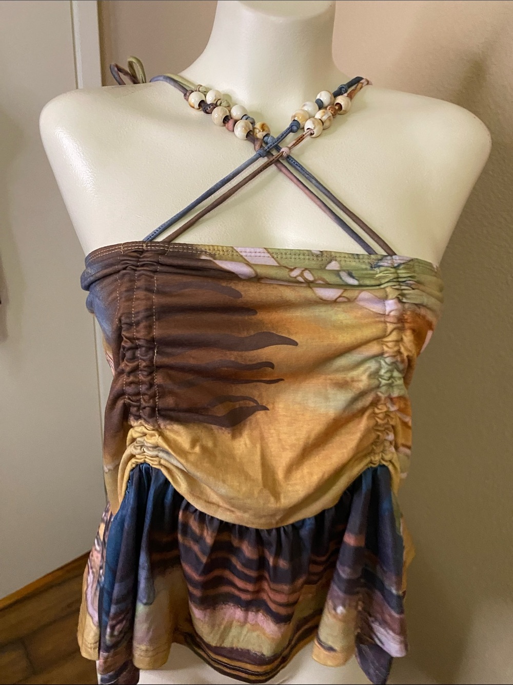 Tie-Shoulder Multicolor Ruched boho hippie festival beaded top 💕
